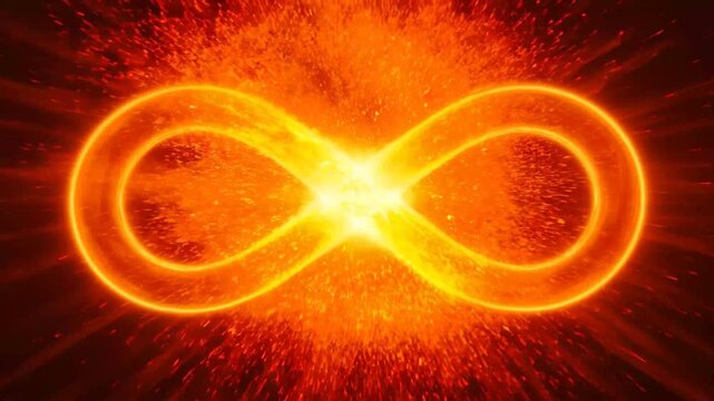 Glowing infinity symbol pulsating with warm orange light against dark background abstract concept