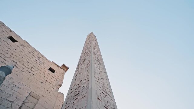 tilt up 4k footage of Obelisk at the Luxor Temple in Egypt. Look of carved hieroglyphs. Big stone ancient obelisk in Egypt