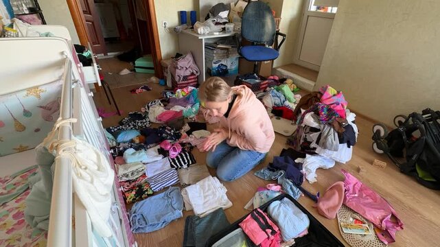 Woman packing clothes into suitcase for travel preparation. Caucasian lady sits on floor surrounded by messy pile of garments near baby crib in messy house room.