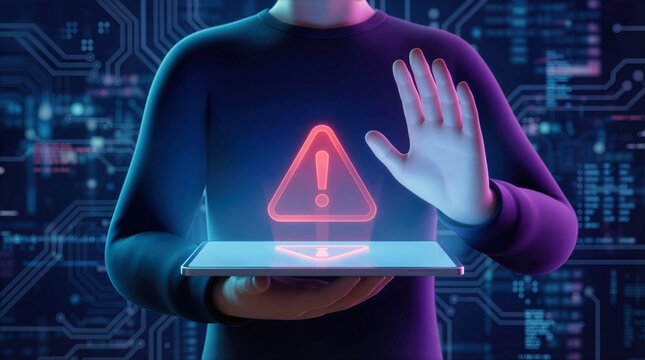 3D man holding tablet with glowing red cybersecurity alert warning icon
