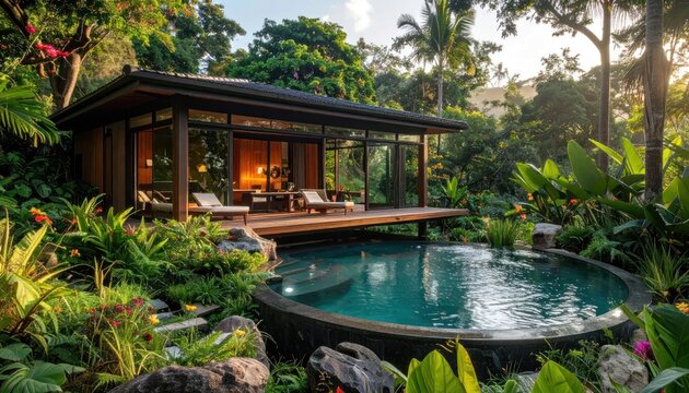 Minimalist pavilion with circular pool in tropical jungle.