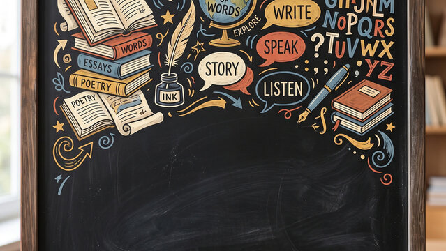 Language Books Doodles Blackboard Background Literacy