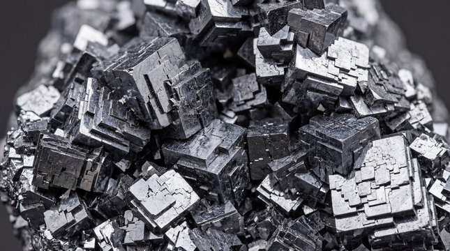 Galena lead ore macro with sharp cubic silver crystals on solid dark grey background