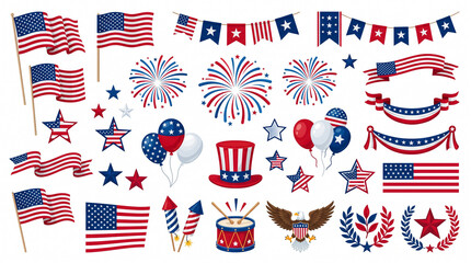 Fototapeta premium 4th of July patriotic party decorations elements set on white background for USA Independence Day celebration.