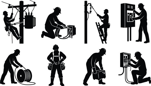 Electrician and lineman silhouettes set repairing power lines wiring electrical panels and utility poles