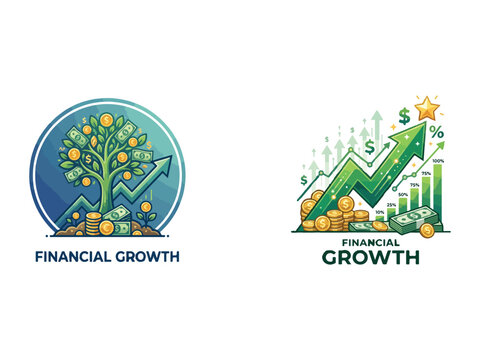 Financial growth icons with money trees and charts on white background