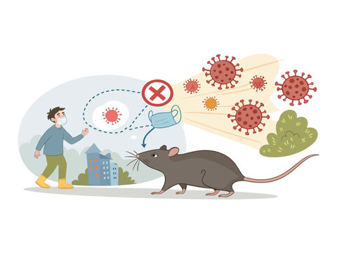 Man wearing face mask protects himself from virus particles coming from a rat