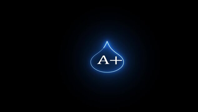 Glowing neon blue blood type a positive symbol on black background a bright icon in the shape of liquid drop containing the letters
