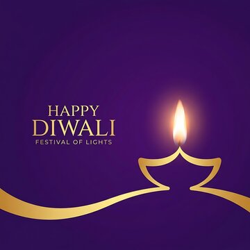 Happy diwali greeting card with golden diya lamp and glowing flame