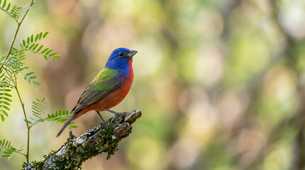 Obraz premium Vibrant Painted Bunting Bird Perched on a Branch Closeup