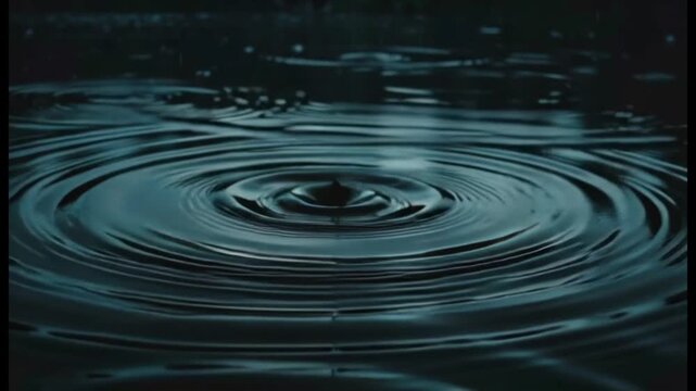 Rain Drops Creating Ripples on Dark Water Surface
