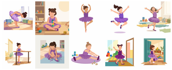 Set of vector illustrations of a little girl in a purple tutu practicing ballet at home, including dancing, stretching, and playing. © Lorrenzo