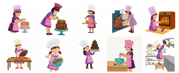 Fototapeta premium Set of Cute Little Girl Baker Illustrations Decorating Cakes and Cooking in the Kitchen