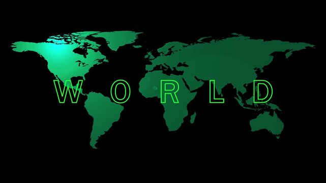 Green world map with the word WORLD in neon green letters globe earth animation