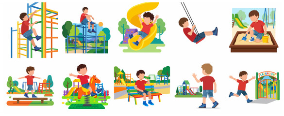 Fototapeta premium Set of Flat Vector Illustrations of a Little Boy Playing Different Activities at the Outdoor Playground