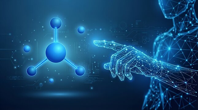 Digital human hand touching a glowing blue molecule structure, representing scientific research, biotechnology, and artificial intelligence in a futuristic dark blue background