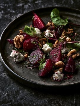 Roasted beets with goat cheese and walnuts on a dark plate