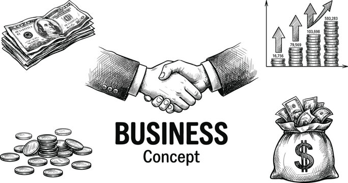 Vintage hand drawn business concept vector set with handshake dollar banknotes money bag coins stack growth chart on white background