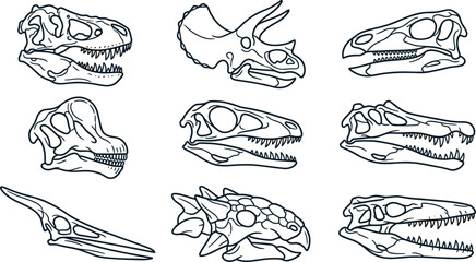 Dinosaur Skull Line Art Icon Set with Tyrannosaurus, Triceratops, Hadrosaur, Pterosaur, Ceratopsian, and Prehistoric Fossil Outline Collection © MstSuborna