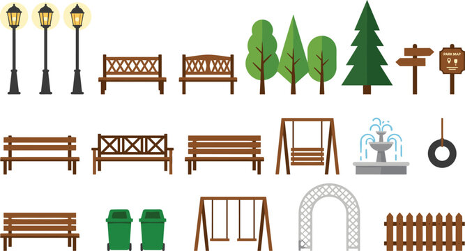 City park architecture and garden element vector icon set with wooden benches trees lamps fountain swings fence on white background