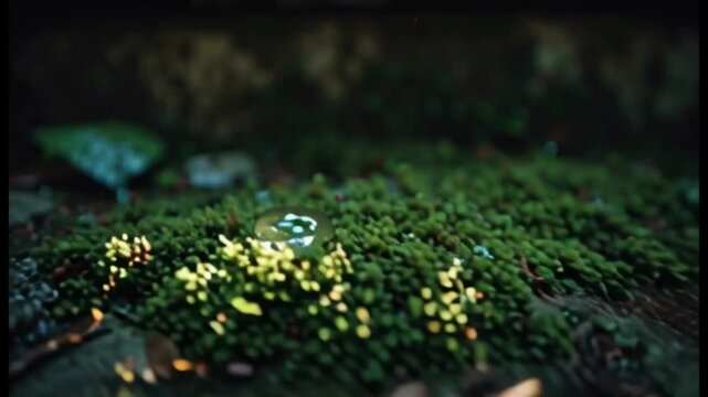 Dewdrop on Moss with Glowing Yellow Flowers, Macro Nature