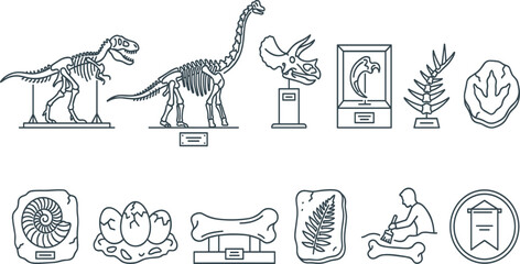 Paleontology Museum Line Art Icon Set with Dinosaur Skeleton Exhibits, Fossils, Fern Leaf, Footprint, Excavation, and Prehistoric Collection © MstSuborna