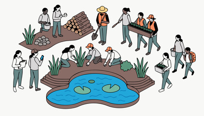 Fototapeta premium Isometric Vector Illustration of Community Volunteers Working on Wildlife Conservation.eps