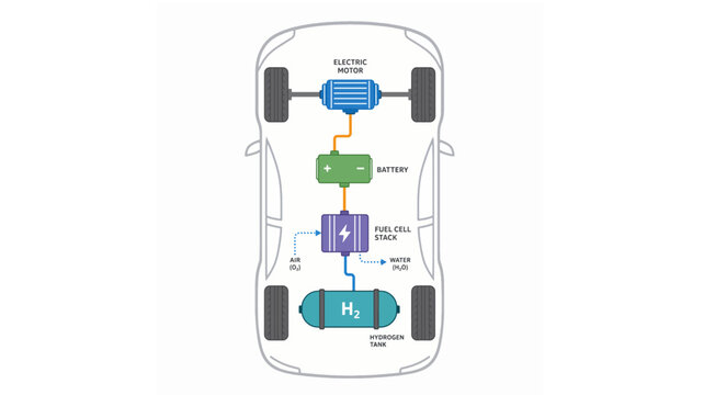 Hydrogen fuel cell vehicle diagram, electric motor and battery powertrain system, green energy car chassis infographic, sustainable transport EPS vector