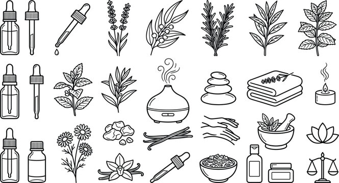 Essential oils aromatherapy and natural wellness spa line icon set featuring dropper bottles aroma diffuser massage stones and organic herbal ingredients