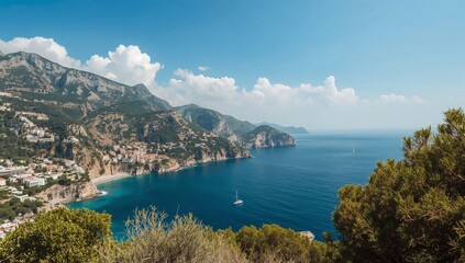 Fototapeta premium Coastline View With Boats and Buildings Under Cloudy Sky in Summer