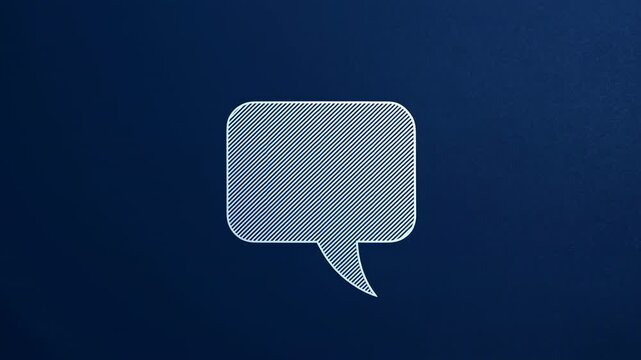 Stylized speech bubble with rounded corners, cyan hatch pattern, thin outline, and dark navy gradient backdrop, centered low with clean minimal digital composition