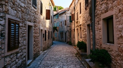 Fototapeta premium Narrow cobblestone alley flanked by weathered stone buildings featuring wooden shutters and potted plants under soft sunlight