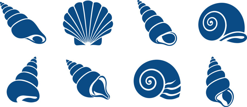 Set of blue seashell silhouettes isolated on a white background