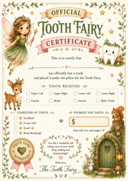 Whimsical official Tooth Fairy certificate for kids with cute fairy, tooth, woodland animals, and nature border. Printable template for lost tooth reward.