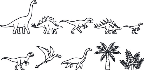 Prehistoric Dinosaur Line Art Icon Set with Sauropod, Stegosaurus, Tyrannosaurus, Velociraptor, Pterosaur, Marine Reptile, and Ancient Plants Collection © MstSuborna