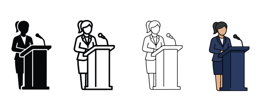 women in business attire standing at podiums with microphones giving speeches or presentations in different styles  simple line drawings and solid colors on white background