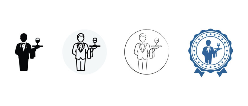 waiter icons with trays and wine glasses in different styles and colors  various designs for restaurant and service concepts