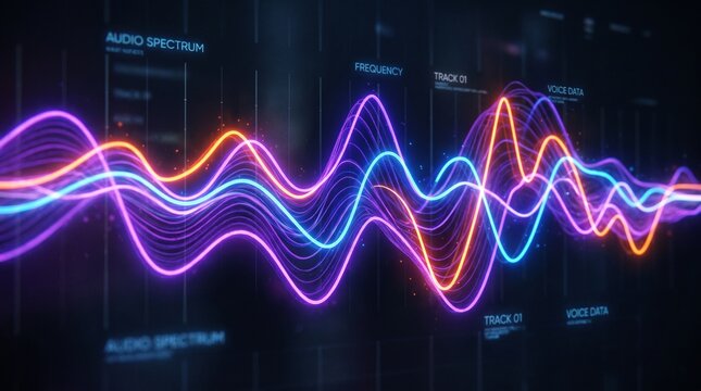 Abstract neon background glowing sound waves motion purple orange blue audio waves noise frequency waveform music track voice recording audio spectrum futuristic digital aesthetic cinematic