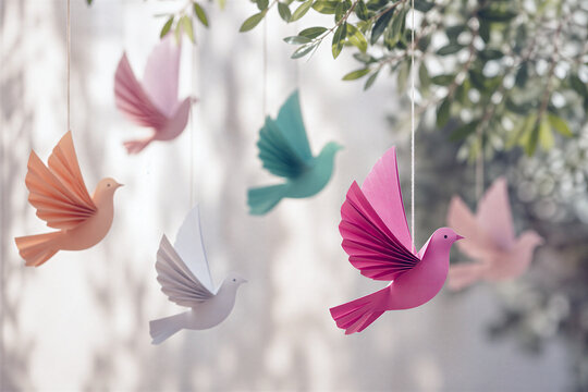 Colorful paper bird hanging from tree branch. Origami dove decoration for spring celebration. Peace symbol and freedom concept