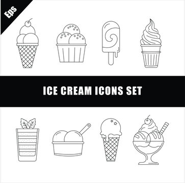 Minimal black and white ice cream dessert icon set vector template featuring clean outline symbols modern monoline geometric editable stroke design