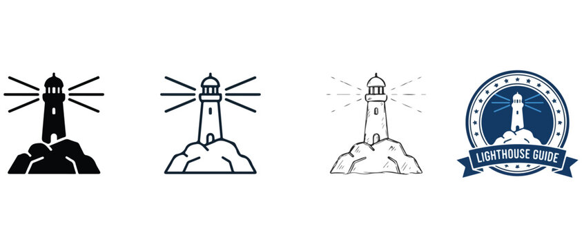 Lighthouse icons and logo designs with beams on rocky coastlines for navigation and guidance  lighthouse symbols with light rays on cliffs