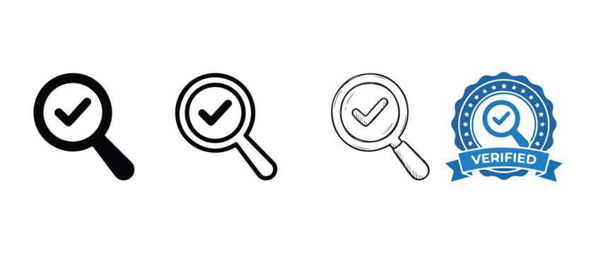 Magnifying glass icons with check marks and verified stamp on white background