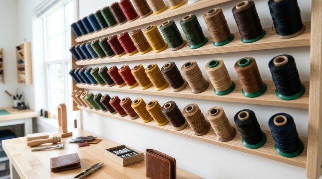 Leather Crafting Supplies: Colorful Spools of Thread on Wooden Shelves