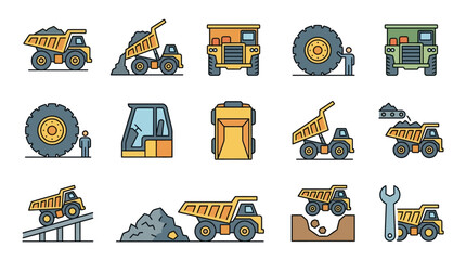 Sleek Colorful Set of Heavy Construction and Mining Equipment with Workers and Materials with high quality professional line art symbols for modern creative design and digital branding projects © Madina