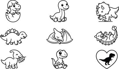 Cute Baby Dinosaur Line Art Icon Set with Hatching Egg, Triceratops, Stegosaurus, Pterodactyl, Cartoon Prehistoric Animal Outline Collection © MstSuborna