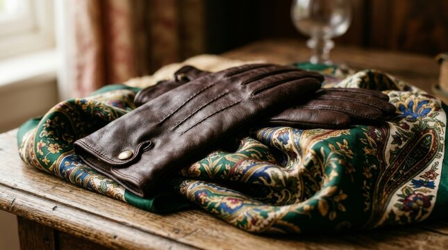 Folded brown leather and snakeskin patterned material on wooden surface close up