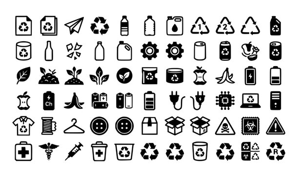 Waste Sorting Category Sticker Icons Black Editable Vector Collection