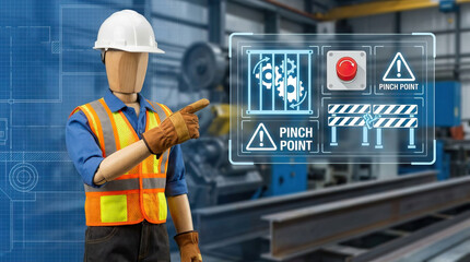 Fototapeta premium Safety management concept with wooden mannequin wearing protective gear pointing at pinch point warning signs in industrial factory environment