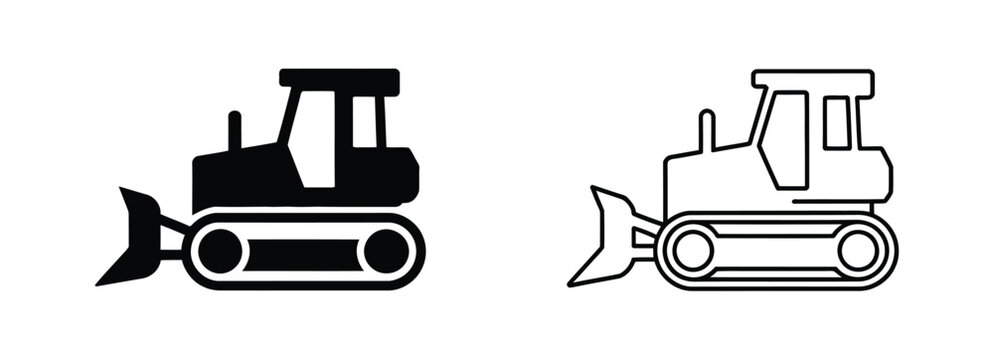 Bulldozer icon set featuring heavy equipment, construction tractor, and earthmoving machine, vector illustration for excavation, road construction, mining, engineering, infrastructure, and industrial 