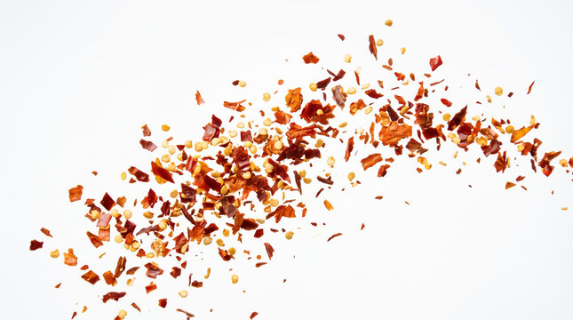 Flying splash wave of crushed red chili flakes and seeds isolated on white background